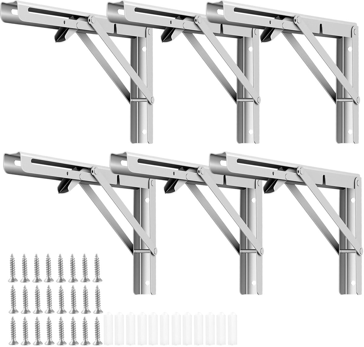 6 stuks, 300 mm, zwaar belastbaar, roestvrij staal, inklapbare plankhouder, klapscharnier, voor wandmontage, voor wandmontage, belastbaarheid 70 kg