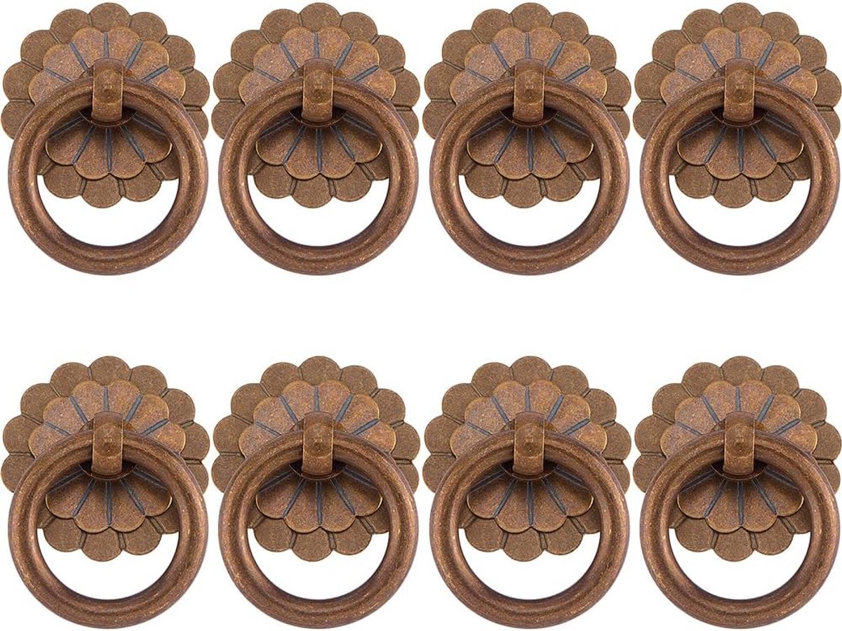 8 stuks messing kastgrepen en ring, ladegrepen, antiek brons, keukenkastgrepen, meubelbeslag van messing, vintage stijl, greepringen voor keukenkasten, commodes, kledingkasten
