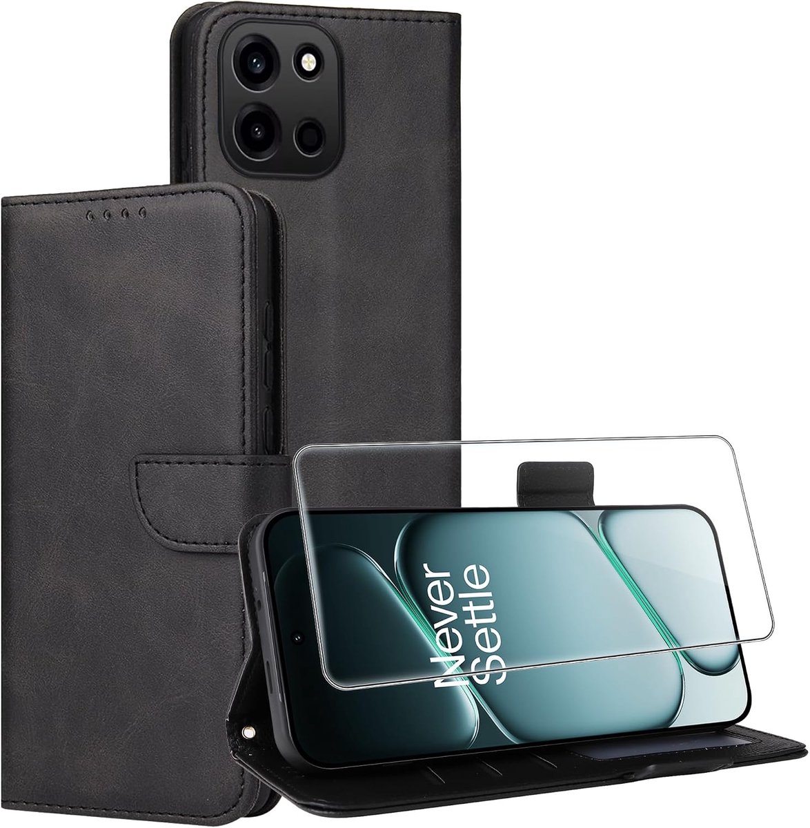 Hoes voor OnePlus Nord 6 5G, hoes met 1 veiligheidsglas beschermfolie, klapbare beschermhoes, lederen flip case, kaartenvak, standaard, telefoonhoes, beschermhoes, etui, cover, klaphoes