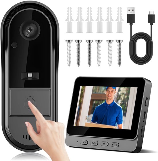 Draadloze Videodeurbel - Videodeurbel met 4,3-inch Monitor - Geen App of Netwerk Nodig - 170° HD-Groothoekcamera - Foto- en Video-opslag - IP65-Waterbestendig met LED-Nachtzicht - Voor Voordeur, Appartement en Woning — afbeelding 2