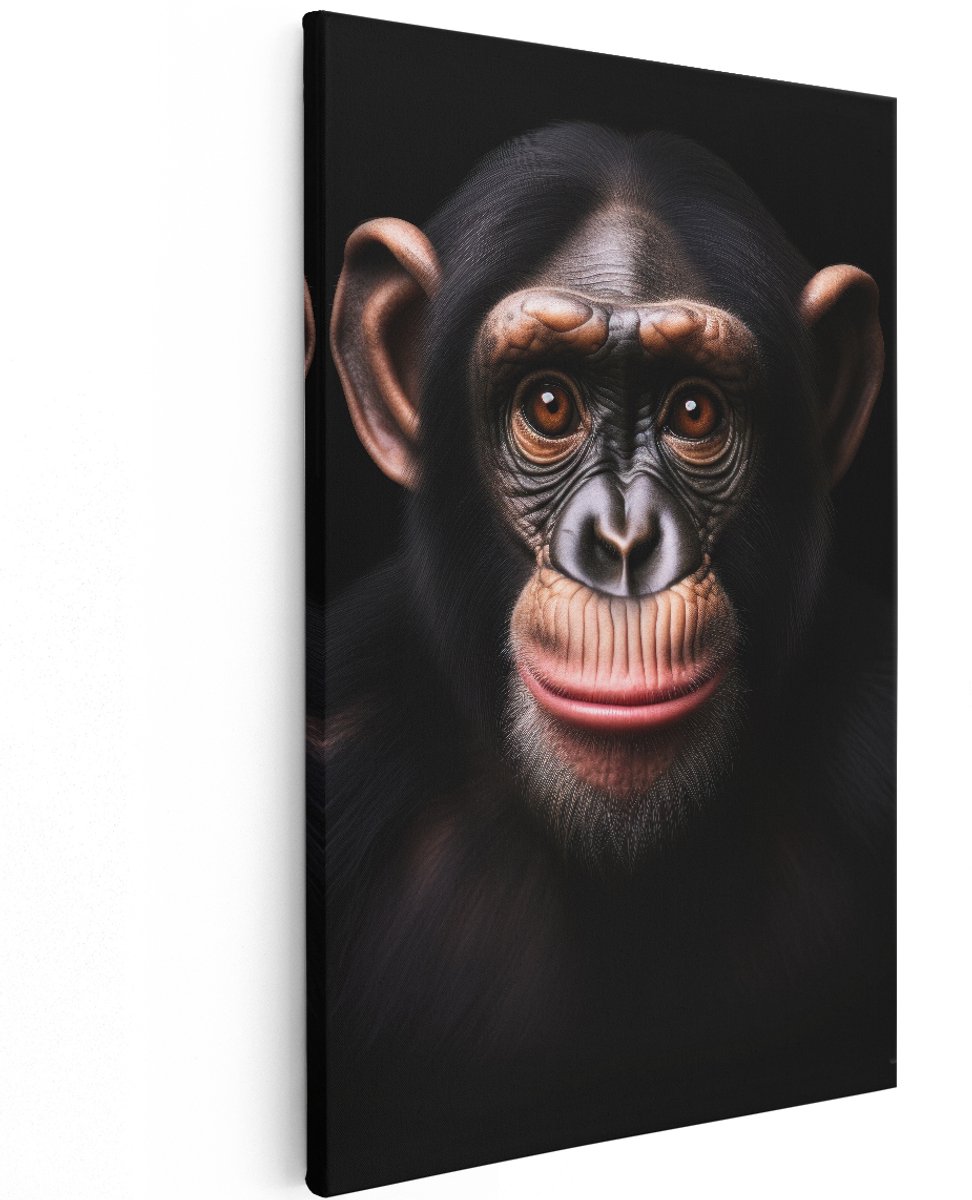 Artaza Canvas Schilderij Chimpansee - 120x180 cm - Groot - Wanddecoratie Aap Portret - Muurdecoratie Dieren - Decoratie Slaapkamer Zwart