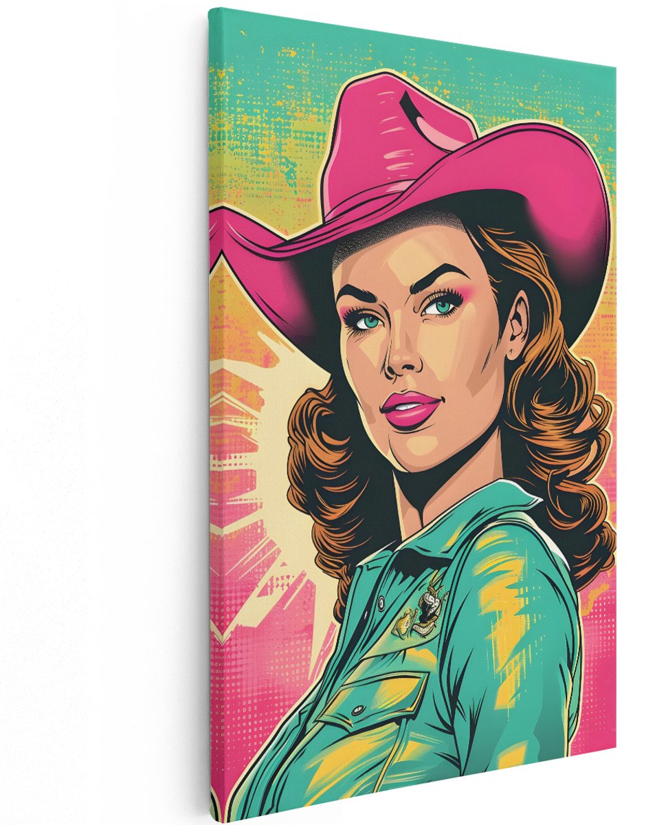 Artaza Canvas Schilderij Vrouw - 120x180 cm - Groot - Pop Art Wanddecoratie Cowgirl - Muurdecoratie Vintage - Roze Hoed Decoratie - Retro