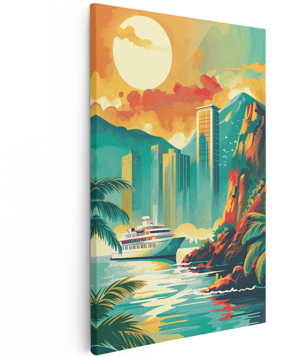 Artaza Canvas Schilderij Cruiseschip - 120x180 cm - Groot - Wanddecoratie Tropisch Landschap - Muurdecoratie Zee - Decoratie Bergen Zonsondergang