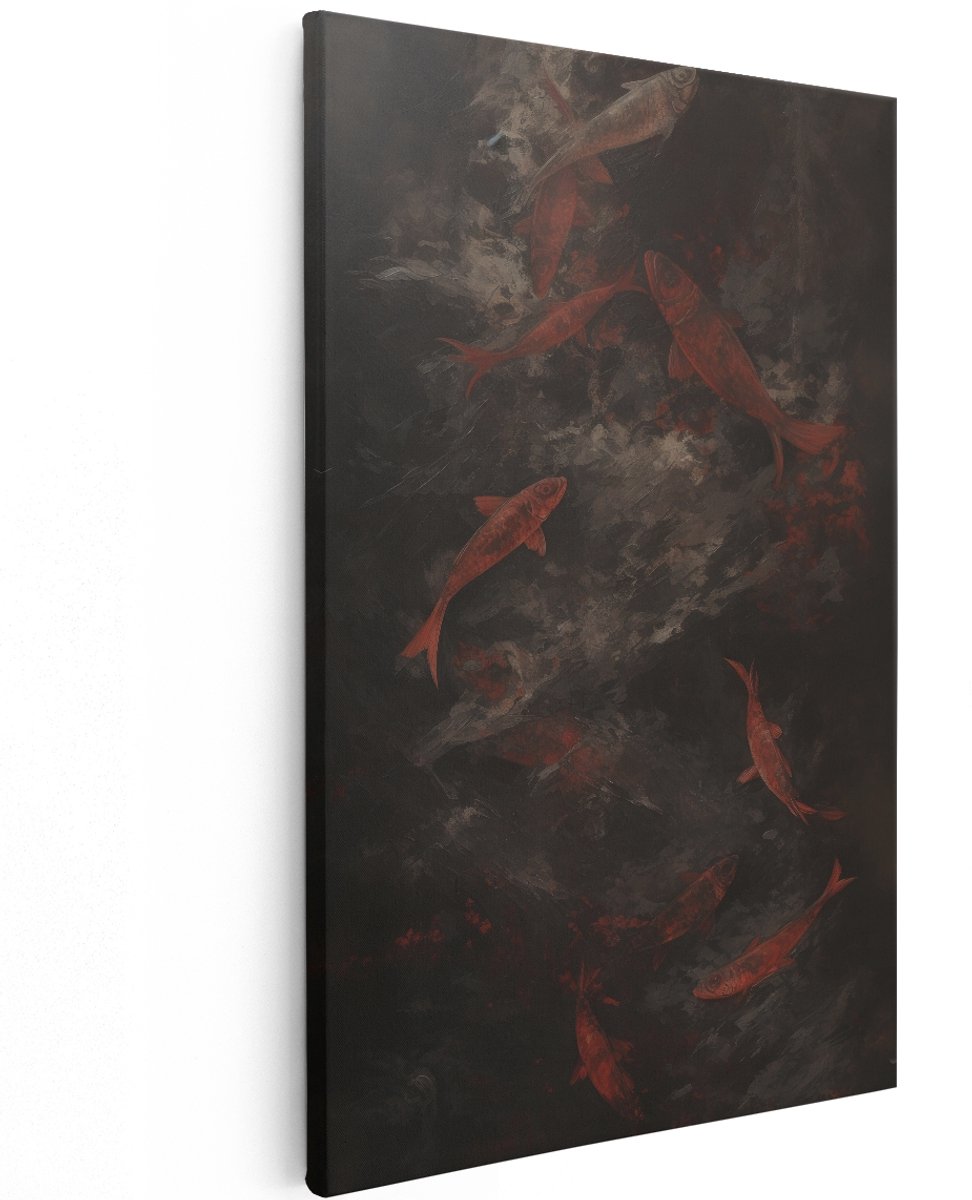 Artaza Canvas Schilderij Abstract - 120x180 cm - Groot - Wanddecoratie Rode Vissen - Muurdecoratie Japandi - Decoratie Woonkamer - Donker