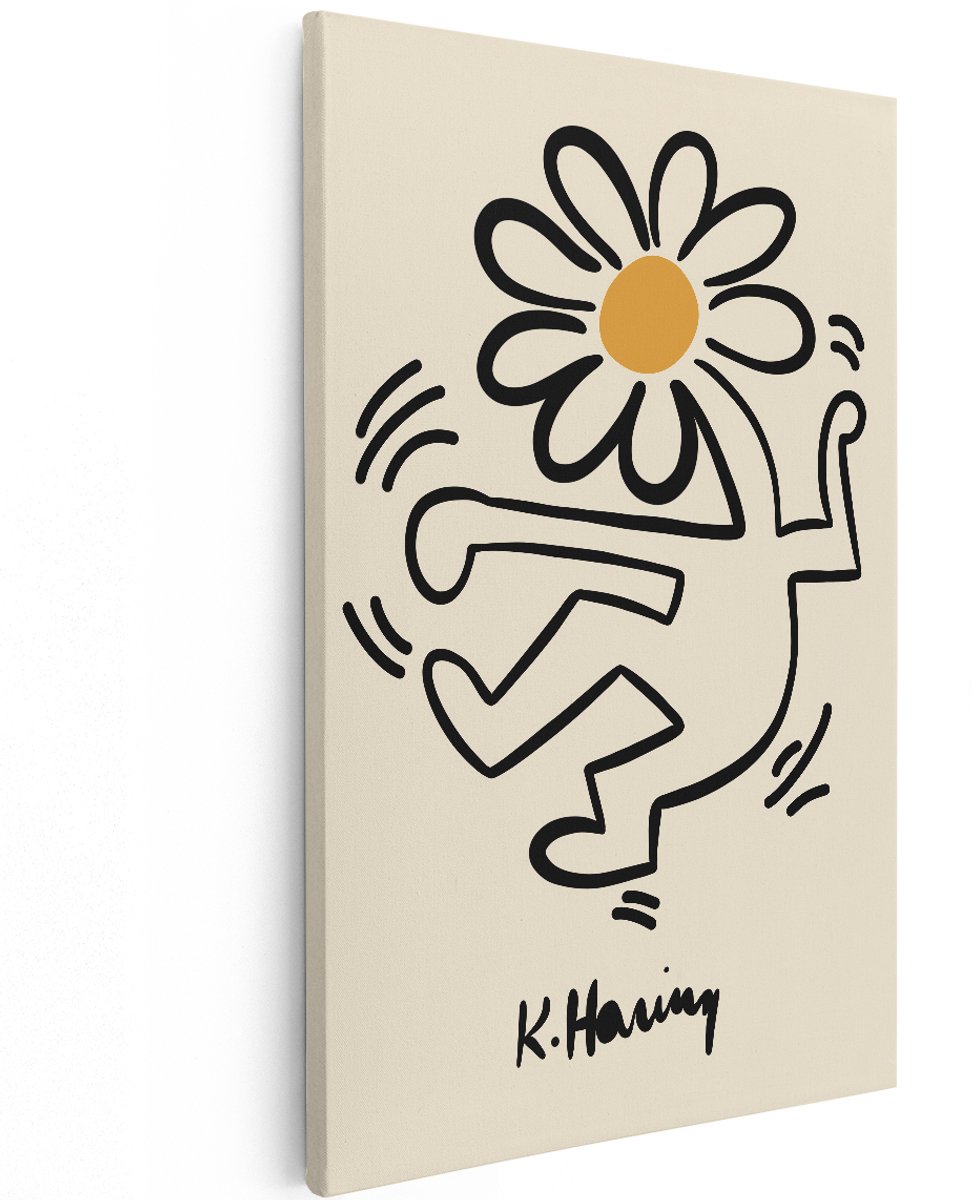 Artaza Canvas Schilderij Keith Haring - 120x180 cm - Groot - Wanddecoratie Modern - Muurdecoratie Line Art - Decoratie Dansfiguur Madeliefje