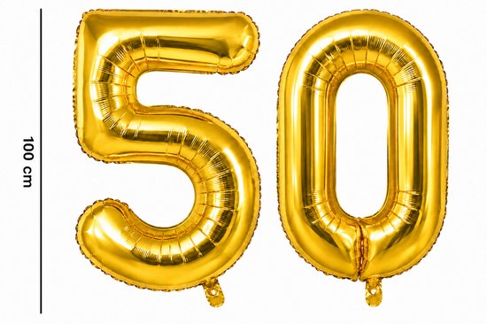 Grote gouden folieballonnen in de vorm van het getal 50 van 100 cm hoog.