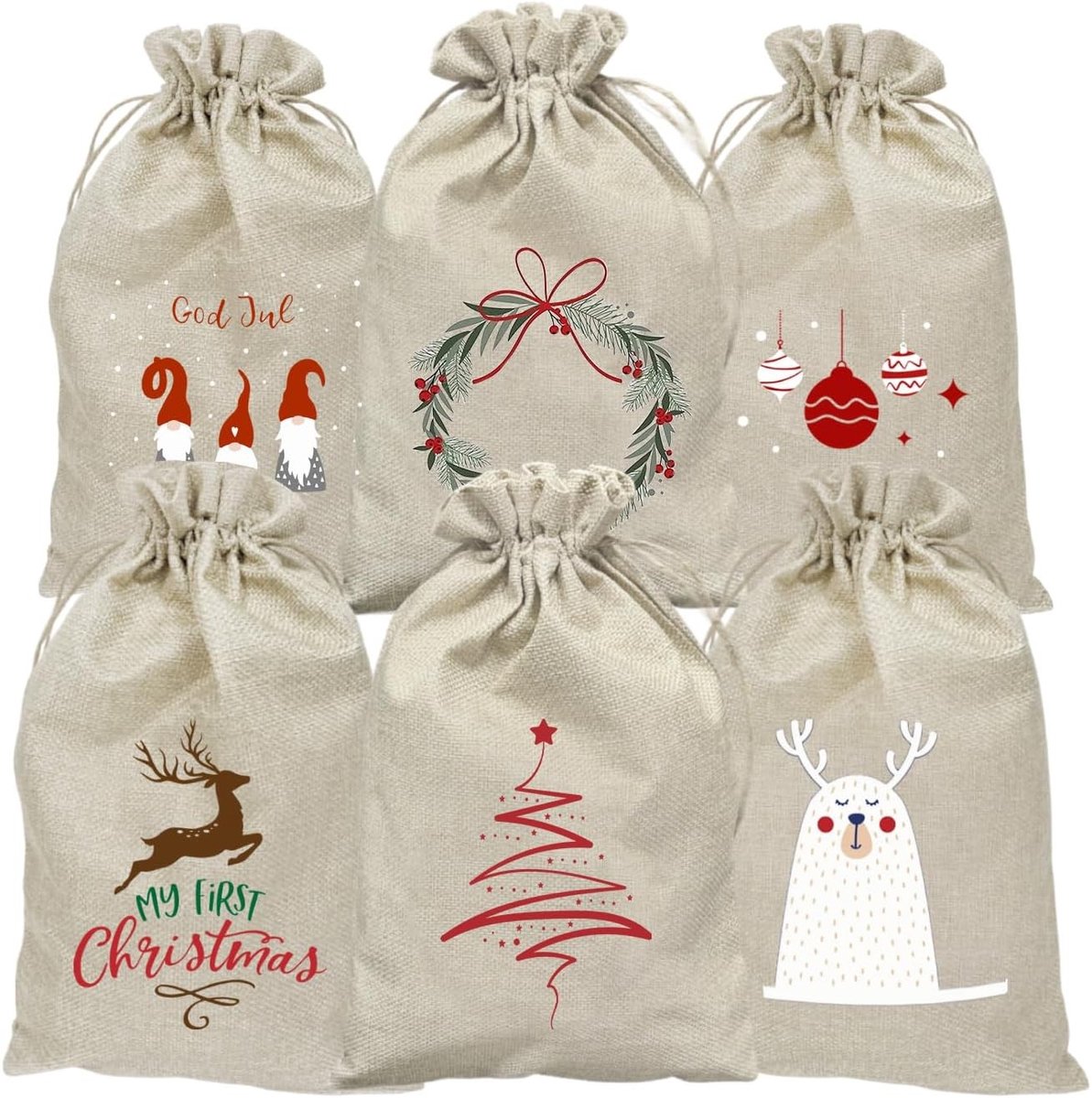 Kerstcadeau verpakkingen jute tassen 20 x 30 cm - Grote kersttassen, adventskalender tassen en herbruikbare geschenktassen