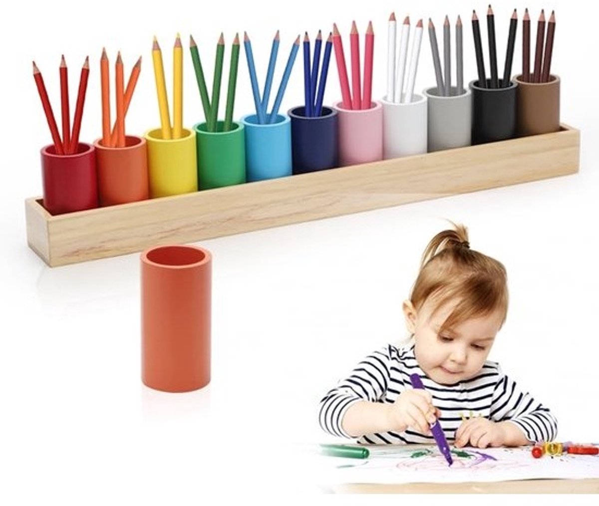 Houten Potlodenhouder - Bureau Organizer - Kleur Sorteren - Montessori Filosofie - 46x6x8 cm - Meerkleurig