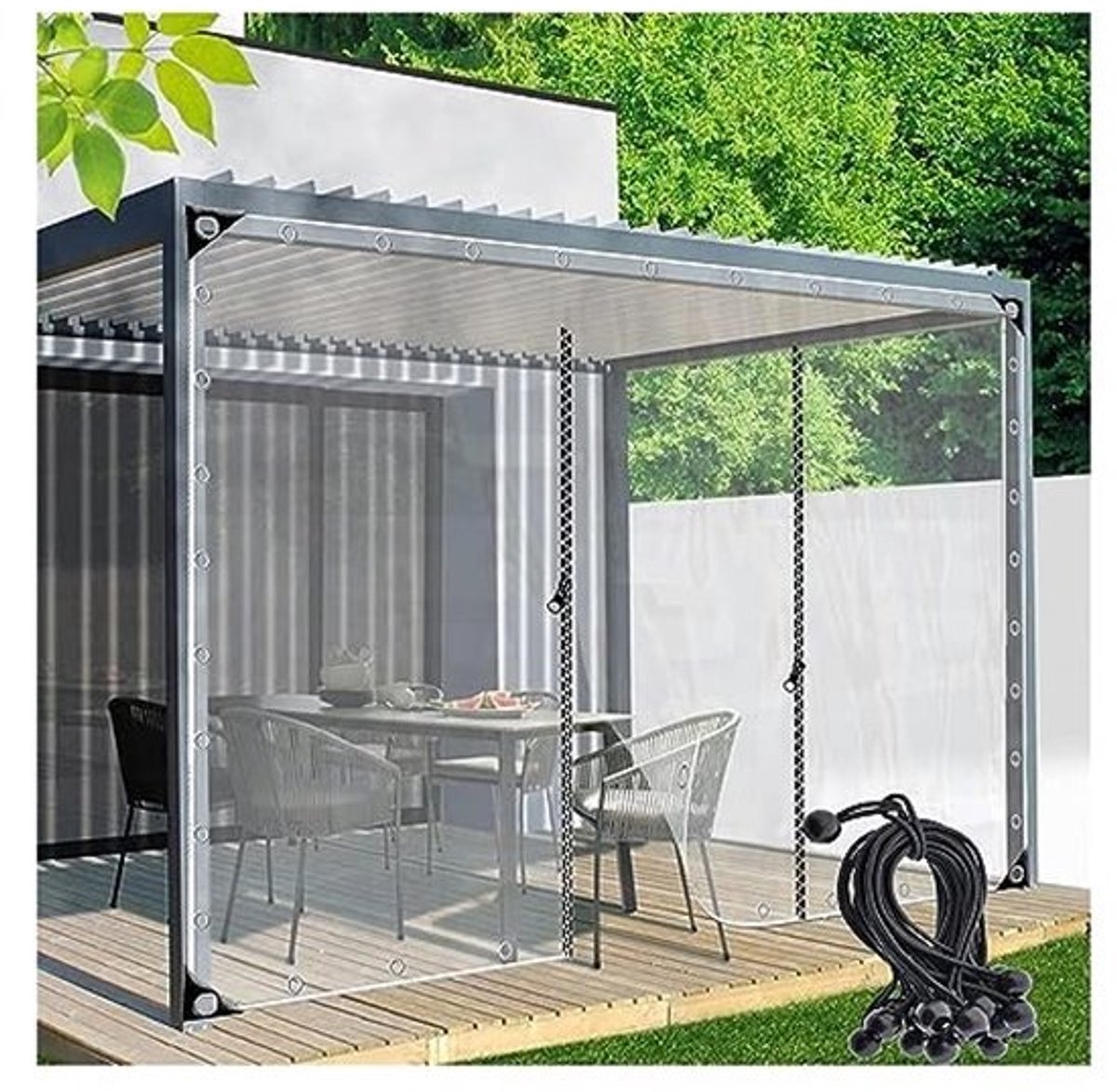 Transparant Waterdicht Dekzeil voor Buiten – Zijpanelen met Ritssluiting voor Pergola en Veranda