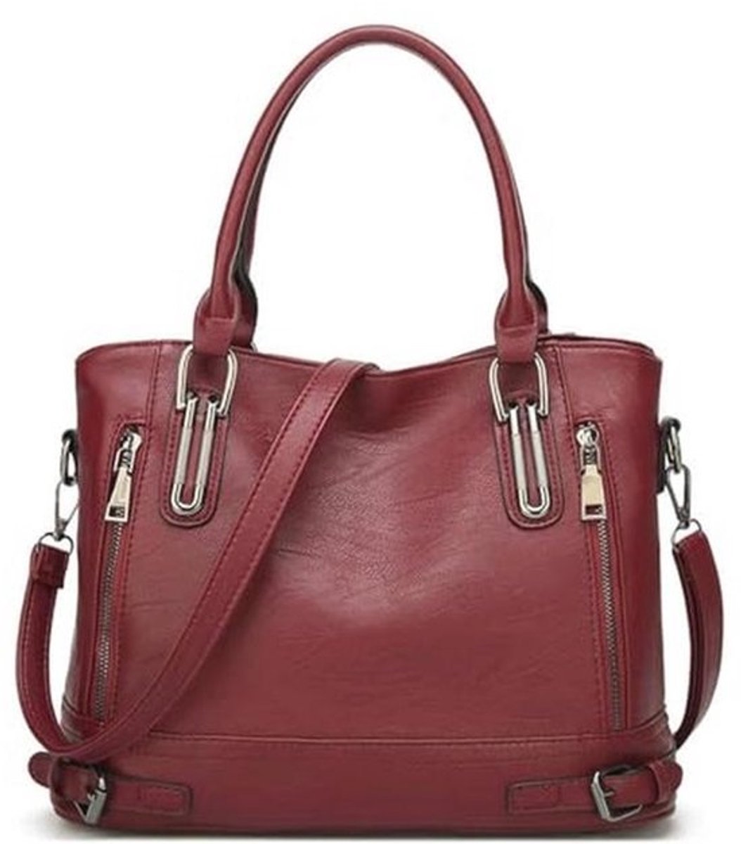 Vintage leren dameshandtas - Elegante schoudertas in Bourgondië rood