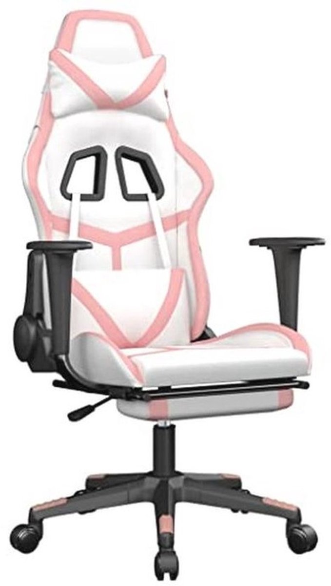 Gaming Chair met Voetsteun Kunstleer Wit en Roze - Verstelbare Racingstoel voor Gaming, TV en Kantoor
