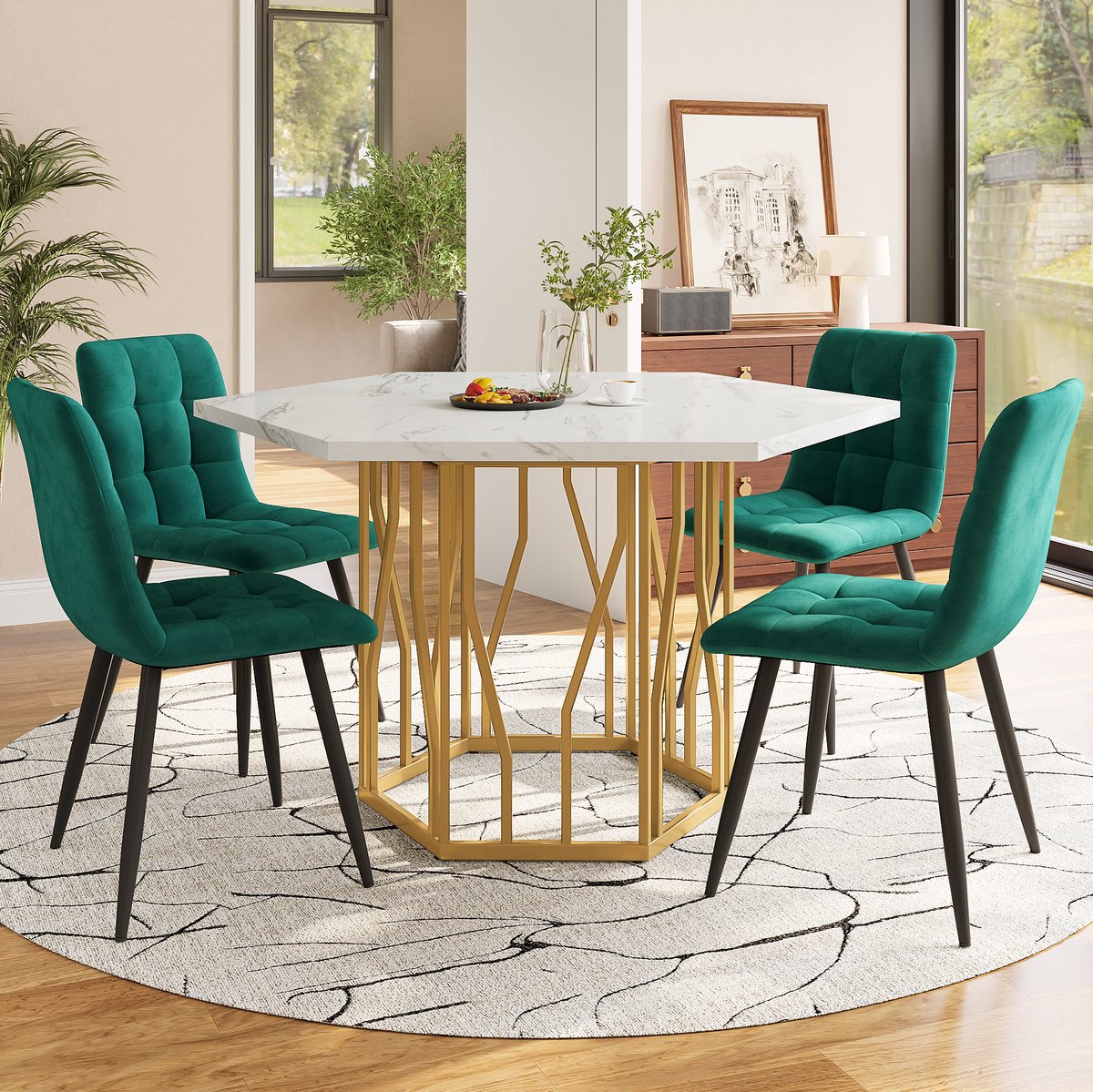 Wishdor Set tafel en stoelen - 5-delig met zeshoekig tafelblad - 4 fluwelen eetkamerstoelen - Modern - Eetkamer woonkamer - Metaal MDF - Groen goud wit - 115,5 x 100 x 75 cm