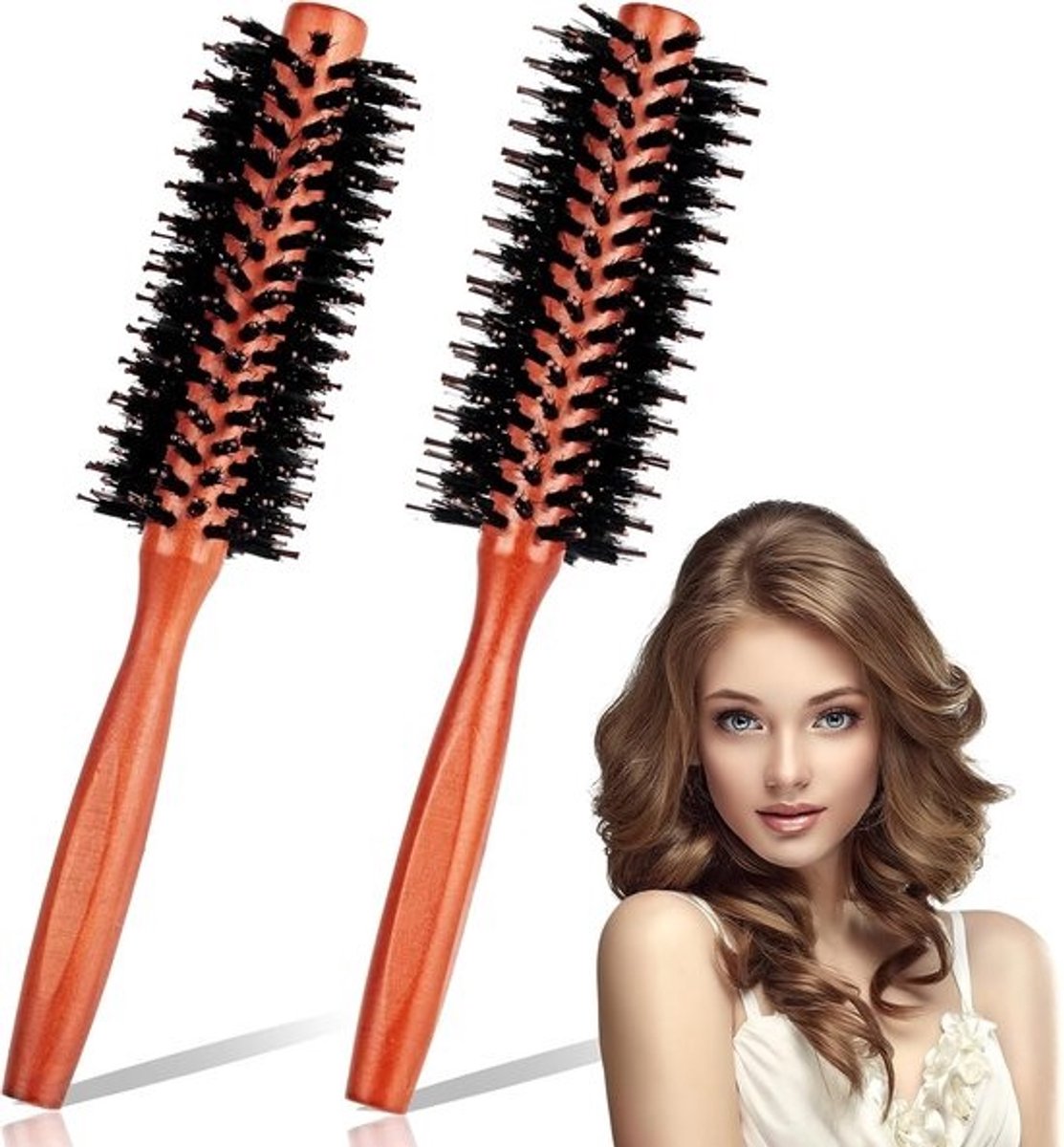 Ronde Houten Borstel Set 2 stuks met Wild Zwijnhaar en Nylon