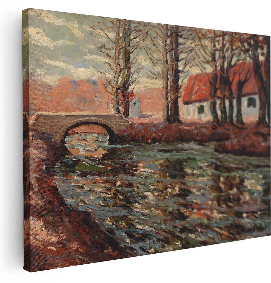 Artaza Canvas Schilderij Natuur - 160x120 cm - Groot - Wanddecoratie Herfstlandschap - Muurdecoratie Bomen - Schilderijen Huisje Aan Rivier - Schilderijen Op Canvas