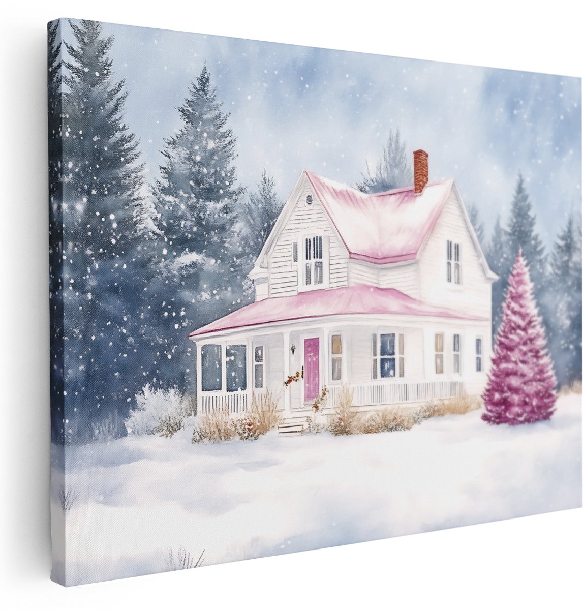 Artaza Canvas Schilderij Wit Huis - 160x120 cm - Groot - Wanddecoratie Winter - Muurdecoratie Roze Kerstboom - Schilderijen Op Canvas Bos