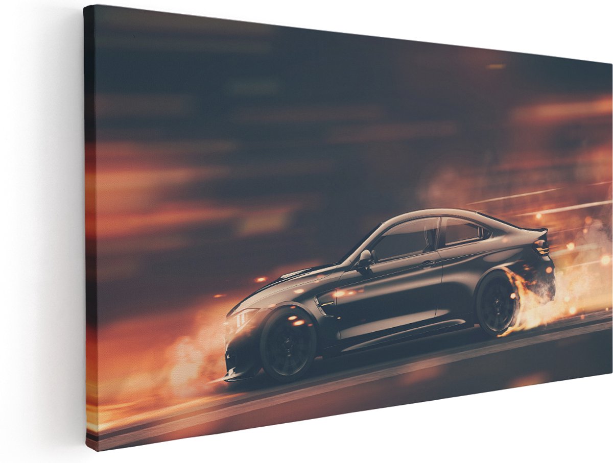 Artaza Canvas Schilderij Zwarte Sportwagen Auto Met Vlammen - 180x90 cm - Groot - Wanddecoratie Woonkamer - Schilderijen - Muurdecoratie