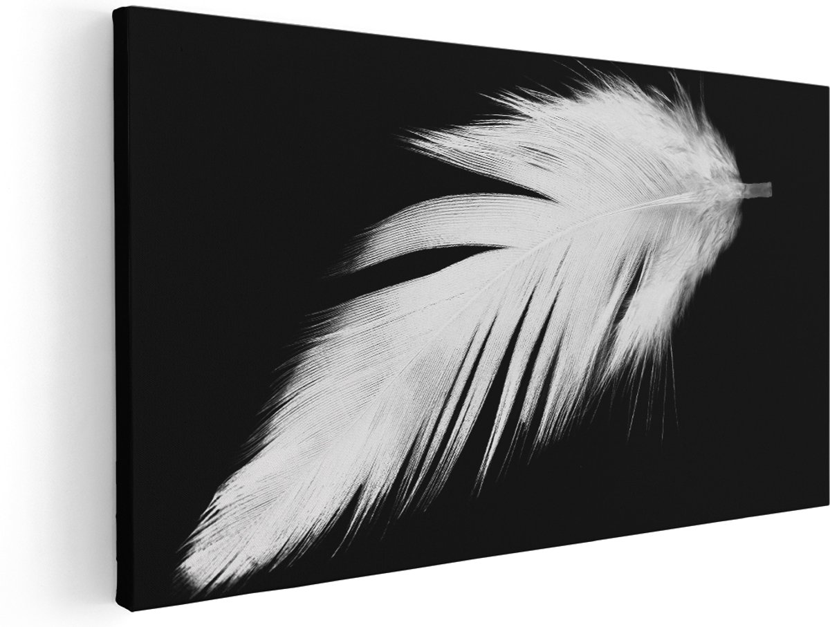 Artaza Canvas Schilderij Witte Veer op een Zwarte Achtergrond - 180x90 cm - Groot - Wanddecoratie Woonkamer - Schilderijen - Muurdecoratie