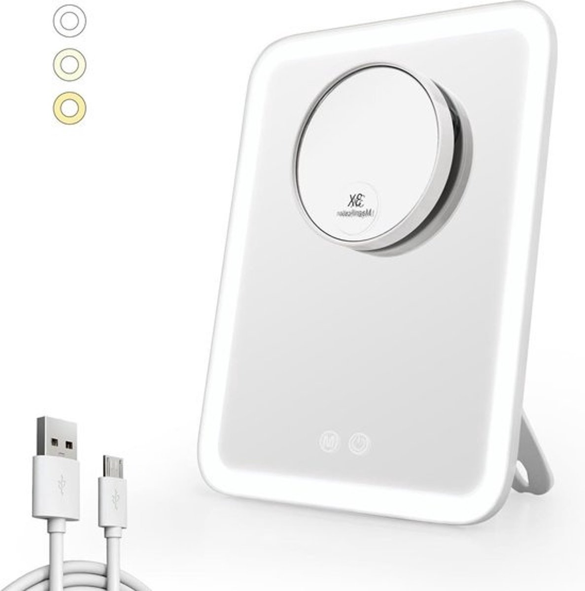 Make-upspiegel met verlichting - 3 lichtkleuren - 1/3 x vergrotingsspiegel - 180 graden draaibaar - USB-oplaadbaar - wit