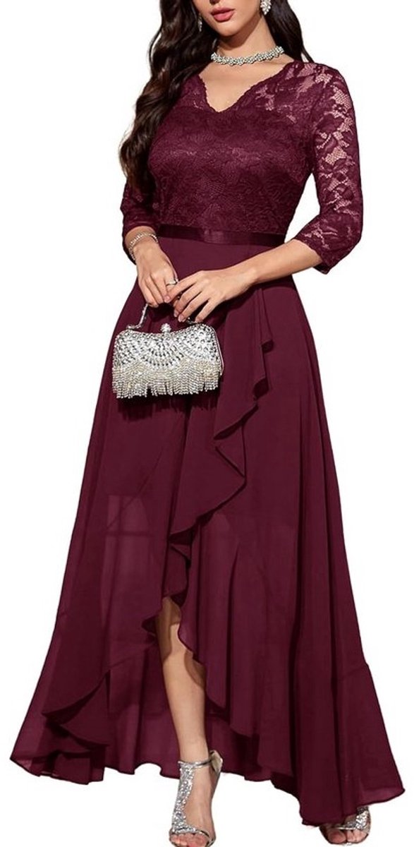 Elegante Avondjurk Bruiloft Chiffon Kant Hoog-Laag Model Feest Jurk