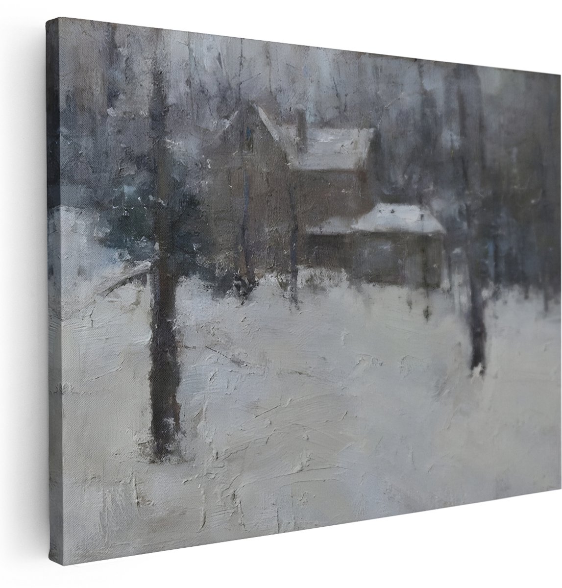 Artaza Canvas Schilderij Besneeuwd Landschap - 160x120 cm - Groot - Wanddecoratie Winter - Muurdecoratie Huisje In Bos - Schilderijen Op Canvas