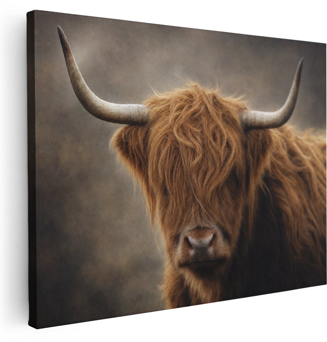 Artaza Canvas Schilderij Schotse Hooglander Portret - Bruin - Dieren - 160x120 cm - Groot - Klein - Wanddecoratie Woonkamer - Schilderijen - Muurdecoratie