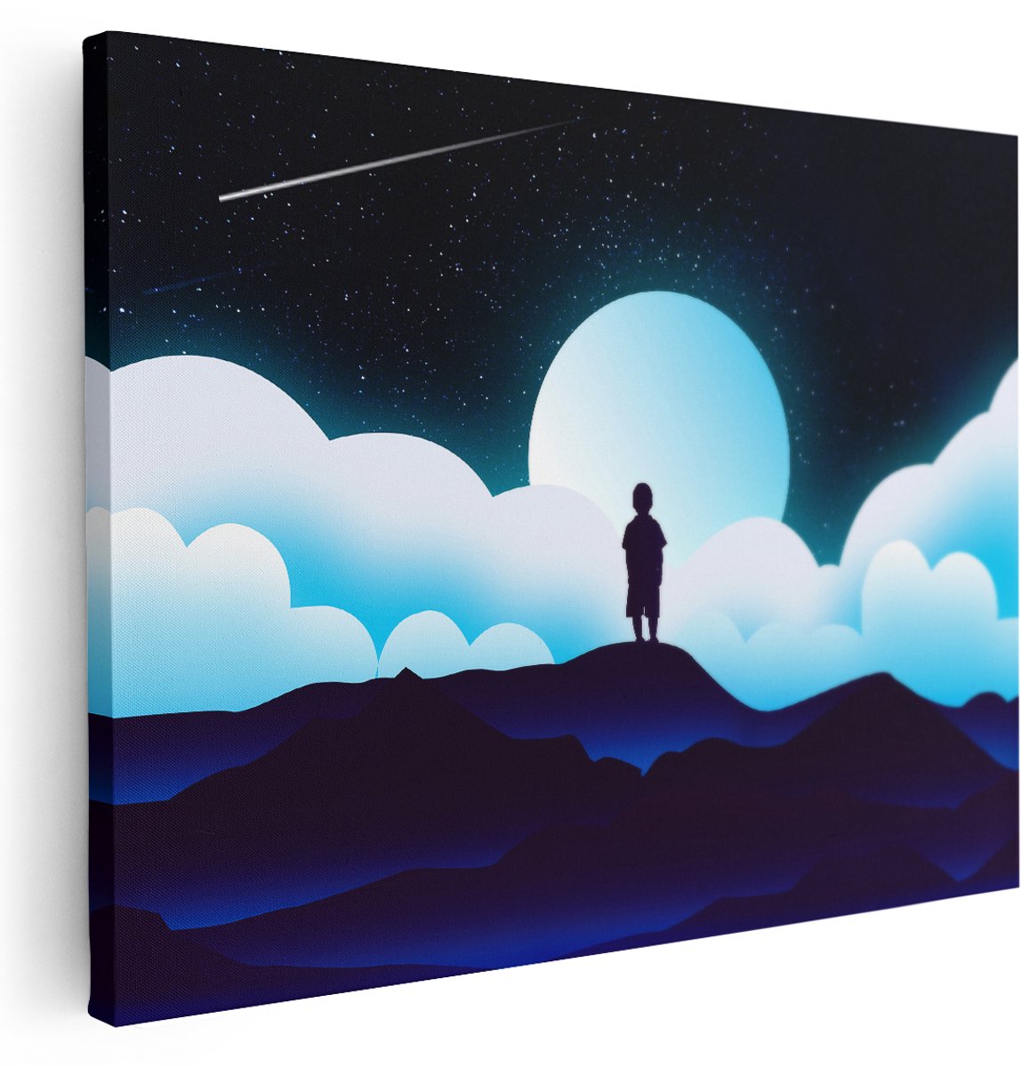 Artaza Canvas Schilderij Nachtelijk Landschap - 160x120 cm - Groot - Wanddecoratie Maan - Muurdecoratie Kinderkamer - Schilderijen Op Canvas Sterren