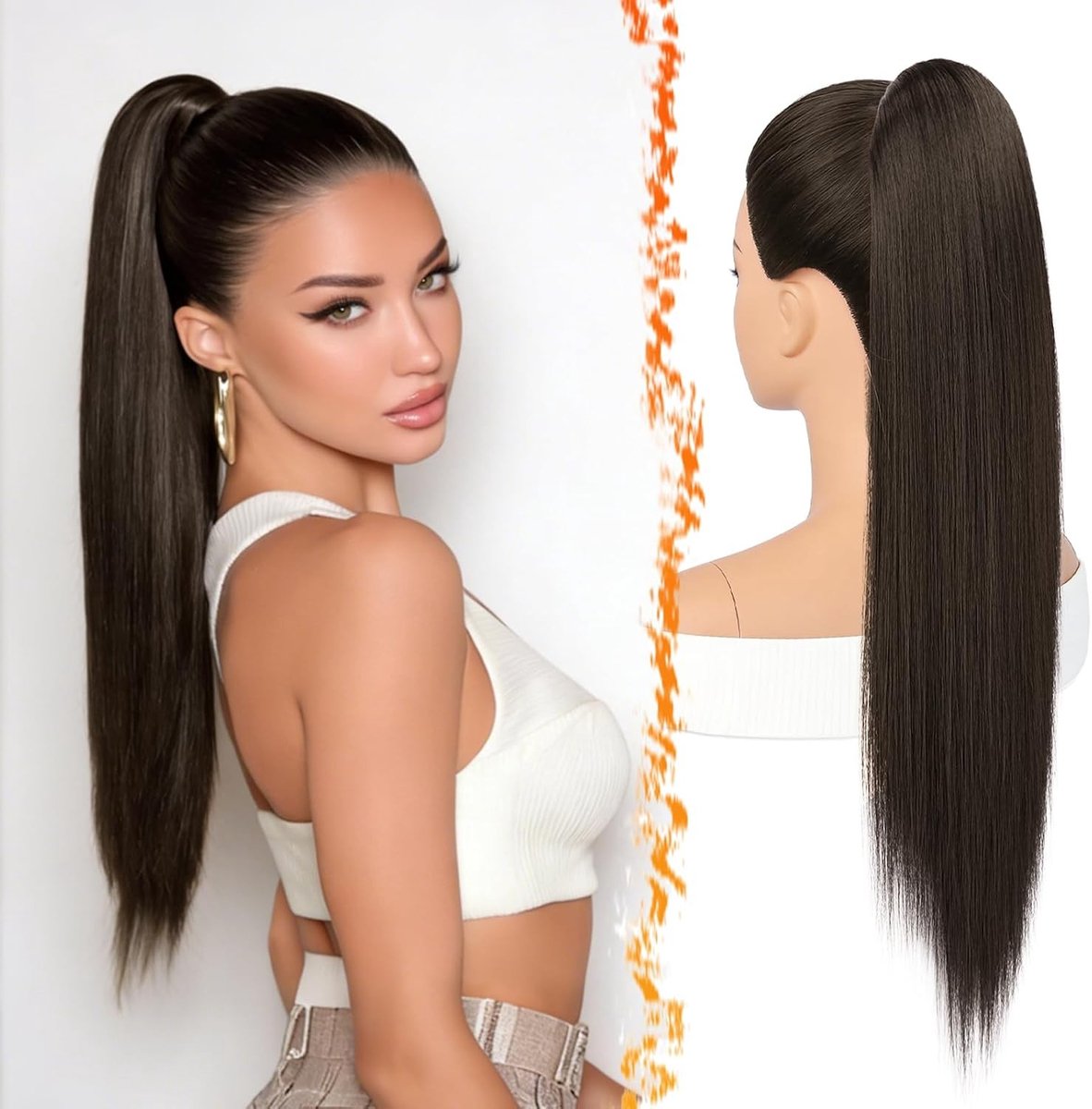 Ponytail Extensions met Trekkoord, 55 cm Lange Rechte Donkerbruine Haarstuk voor Natuurlijke Look, Perfect voor Feestjes en Wedstrijden