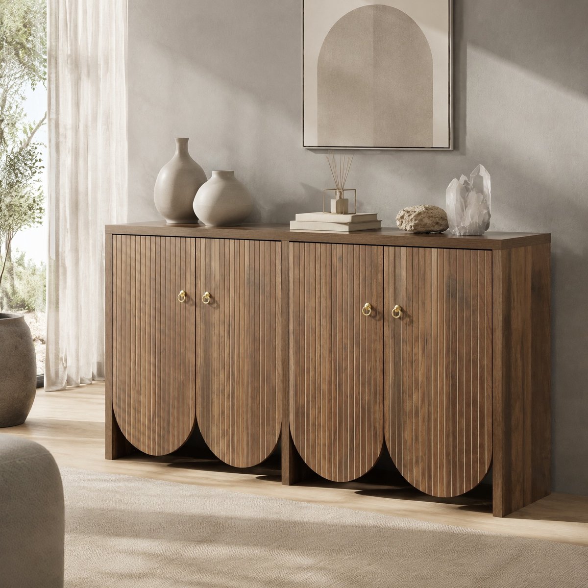 REDOM - Sideboard - 4 deuren en verstelbare planken - Dichte opbergkast - Moderne stijl - Woonkamer, eetkamer en hal - MDF - Walnoot - 147 x 40 x 80 cm