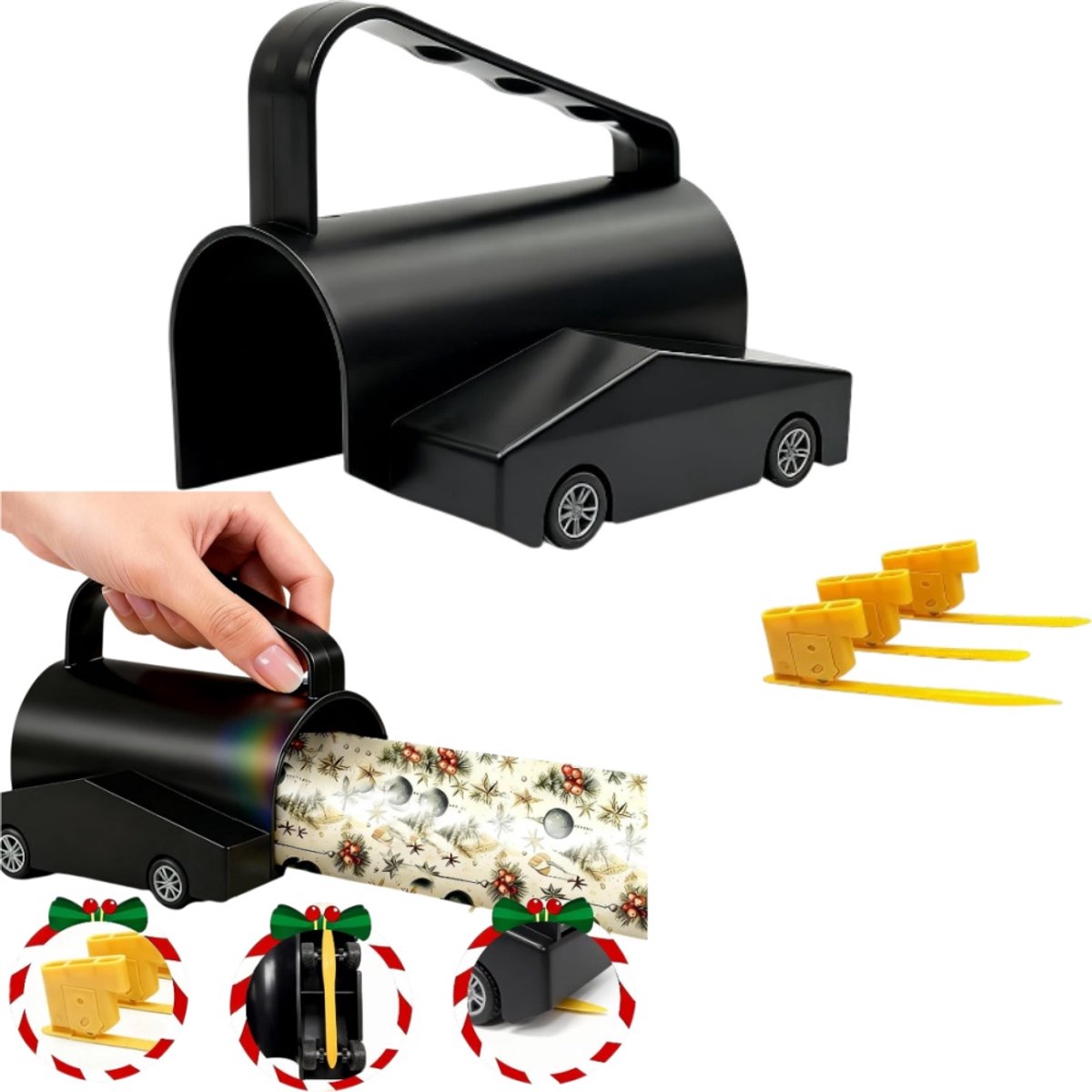 1 set - Schuifbare papiersnijder voor inpakpapier - 3 vervangbare mesjes - Plakbandverdeler - Papiersnijgereedschap - 11,9*9,5*10,8 cm - Voor gebruik bij het inpakken van verjaardagen, feestdagen en cadeaus - Zwart