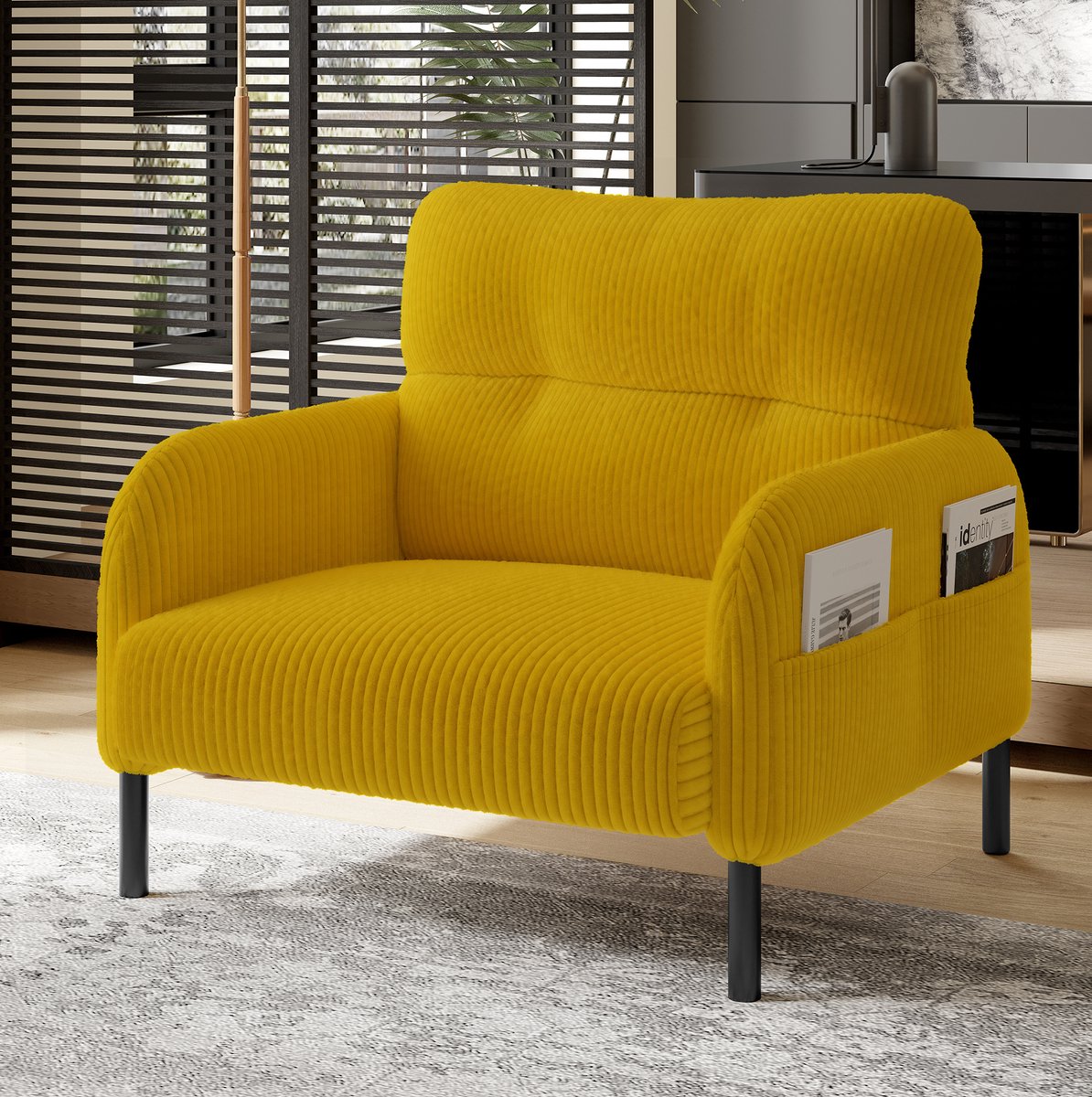 REDOM - Fauteuil met armleuningen en zijvakken - Diepe zit - Metalen frame - Moderne stijl - Woonkamer, slaapkamer en kantoor - Stof - Geel - 67 x 75 x 79 cm