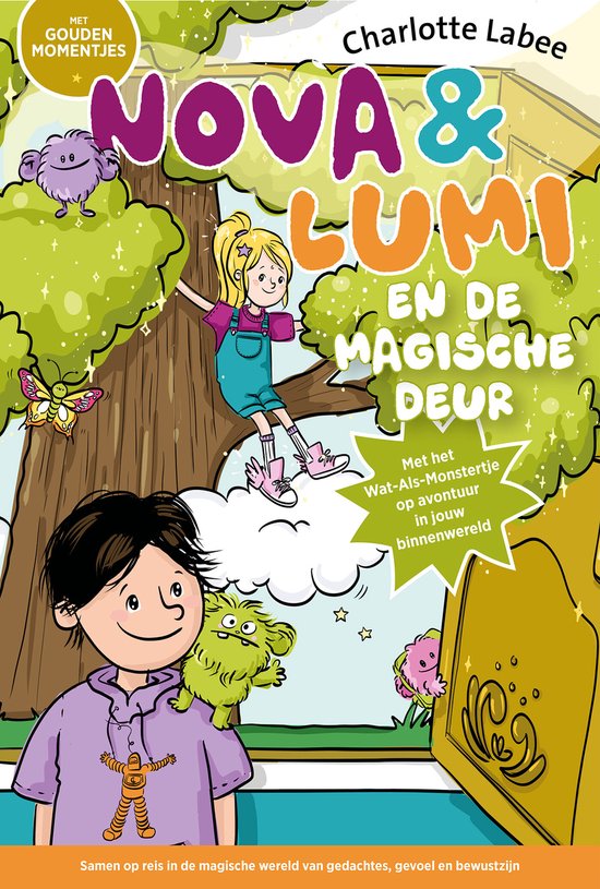 Boekomslag: Nova en Lumi, twee kinderen, twee monsters en een magische deur. Illustratie in heldere kleuren met tekst.