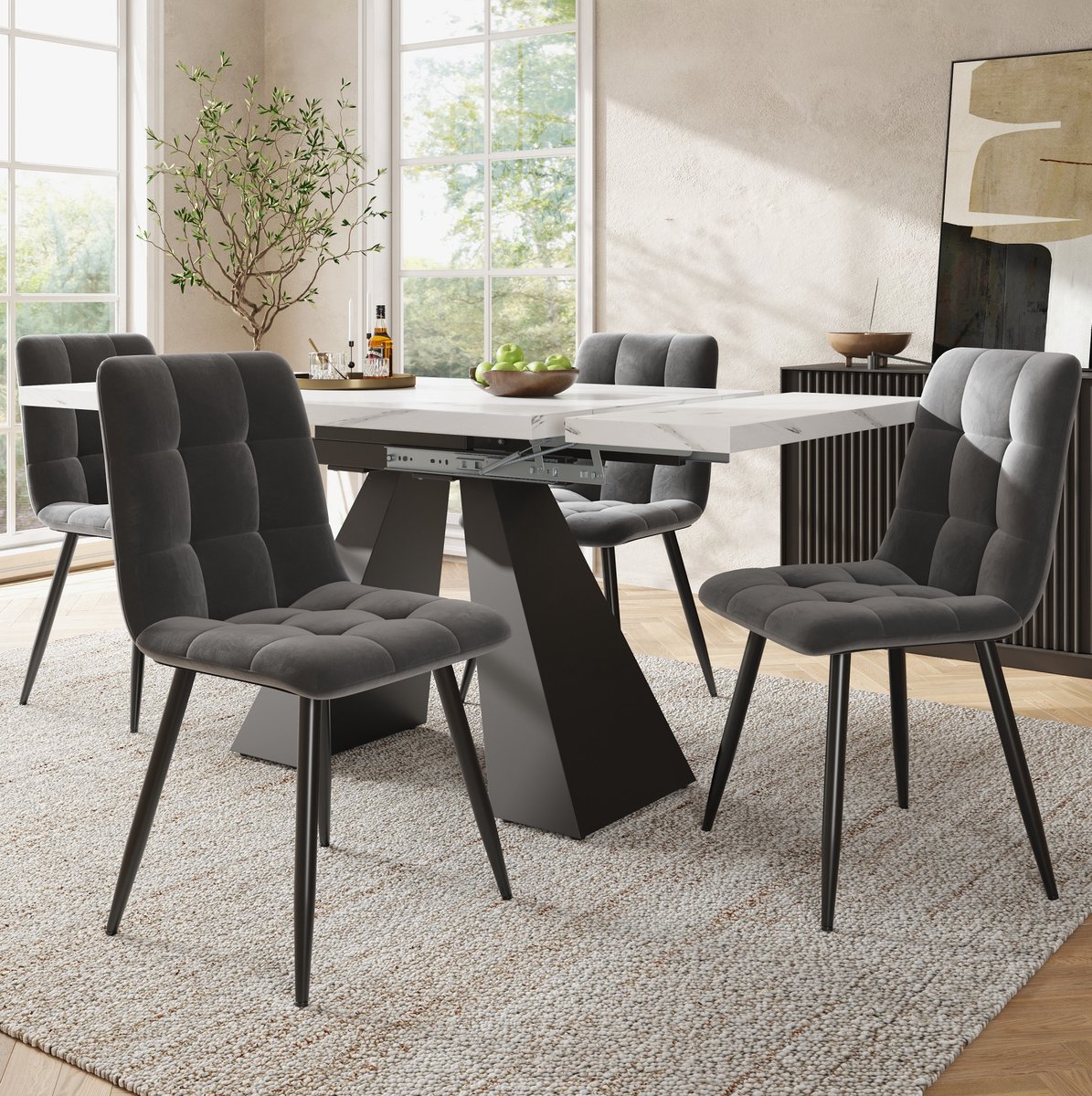 REDOM- Set tafel en stoelen - Uitrekbaar tafelblad - 1 tafel en 4 stoelen - Moderne stijl - Eetkamer - MDF en metaal - Wit en Zwart - 159 x 74 x 77 cm