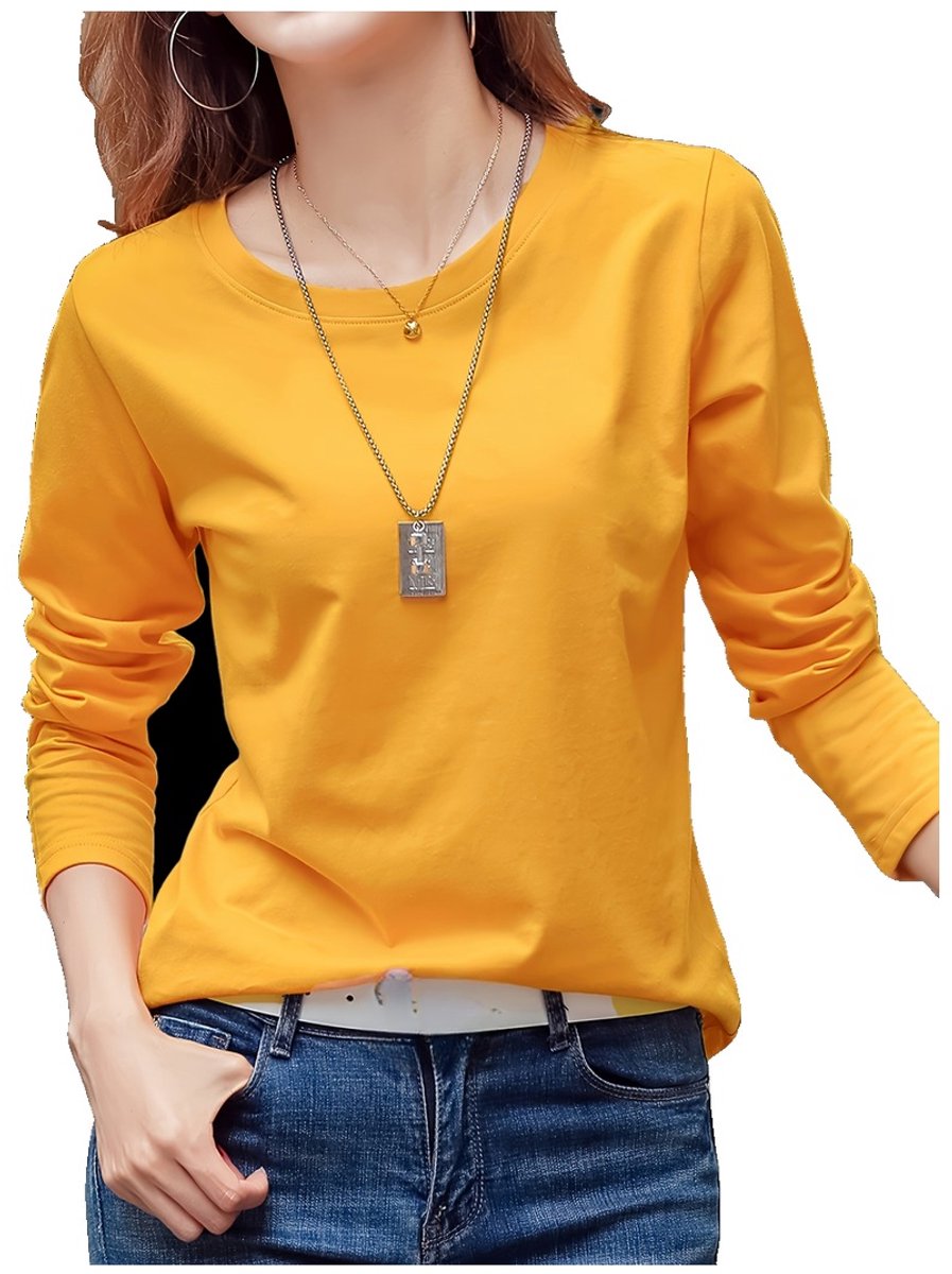 Currero Longsleeve Dames Oversized Lange Mouwen Shirt Roundneck Vrouwen Kleding T-Shirt Geel
