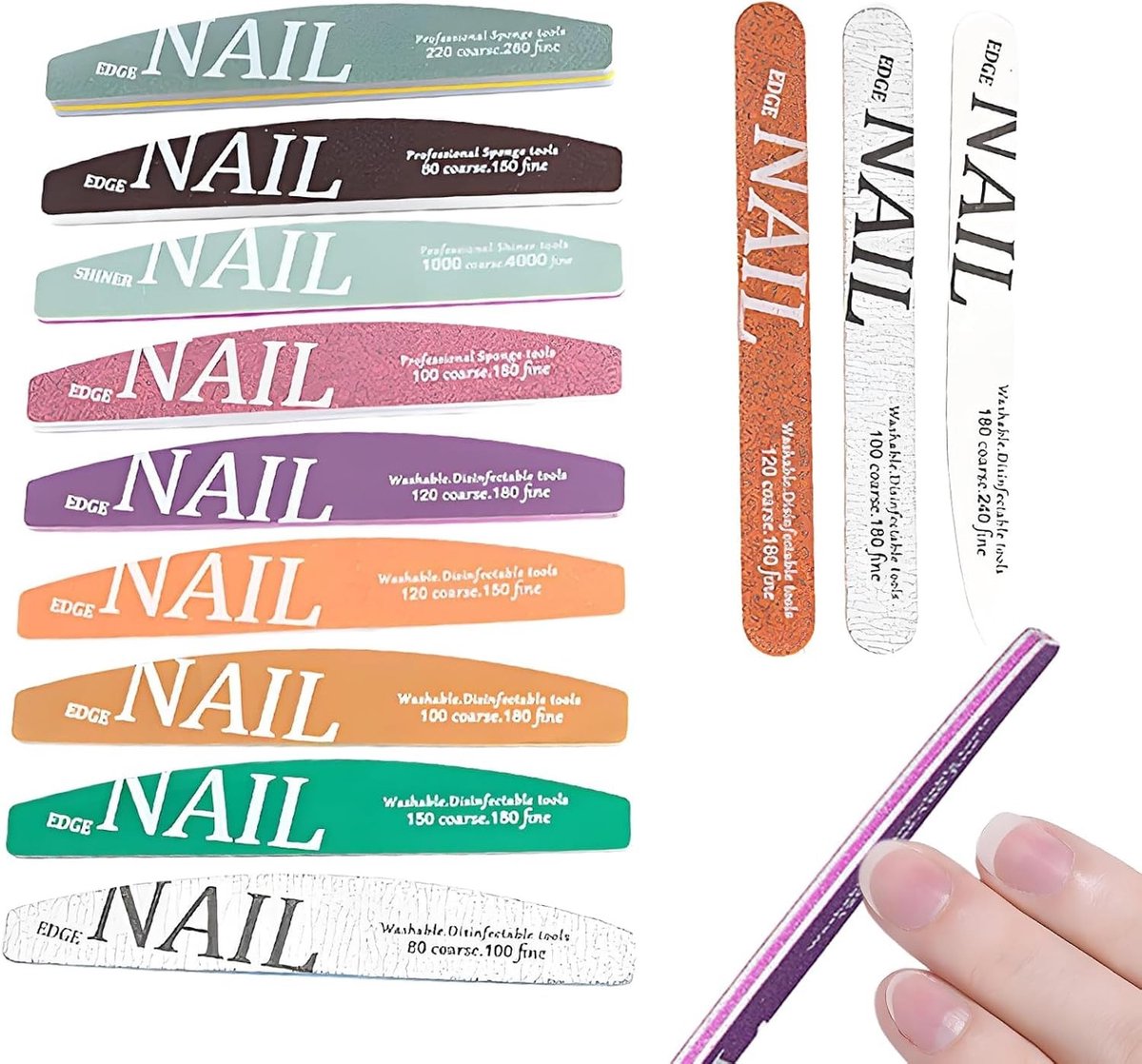 Professionele nagelvijlen set van 12 stuks, ideaal voor het verzorgen van natuurlijke nagels, acryl- en gelnagels, inclusief polijstblok voor perfect resultaat