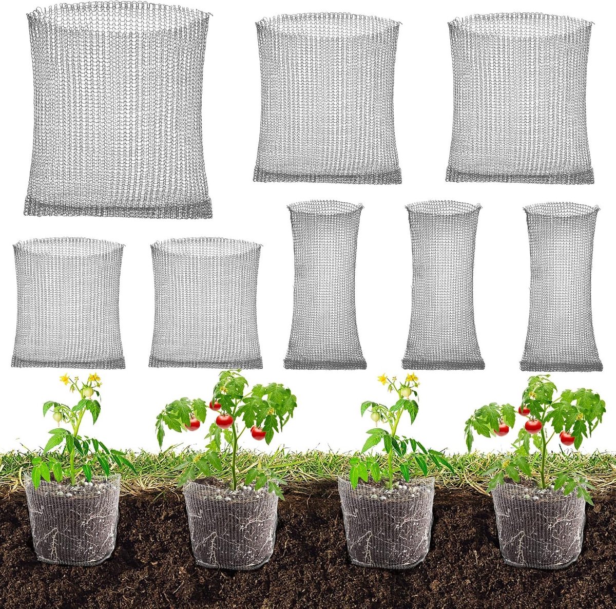 Set van 8 metalen gaasmanden voor plantbescherming, ideaal voor bomen, bloemen en groenten, roestvrij staal, wortelbescherming tegen knaagdieren