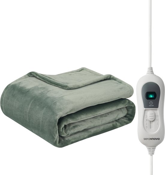 Groene elektrische deken, dubbelzijdig fleece, met bediening.
