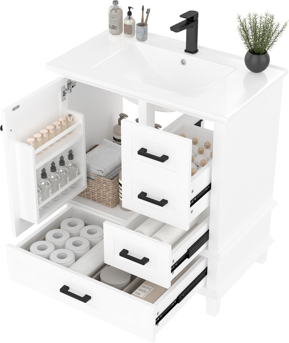 Vrijstaand badkamermeubel wit - Wastafelmeubel met keramische wasbak - Moderne badkamerkast 76 cm - 76x46x83,5cm - Opbergen - Badkamer Wit