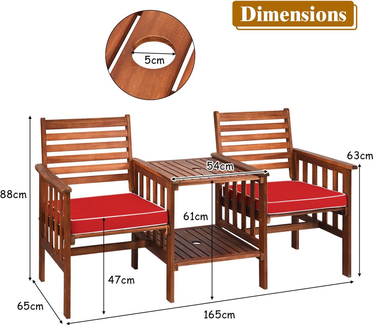 SureDeal® - Tuinset - Tuinbank Hout - Dubbele Zitting - Bijzettafel Houten Bank - Kussen - 165x65x88 cm - Naturel
