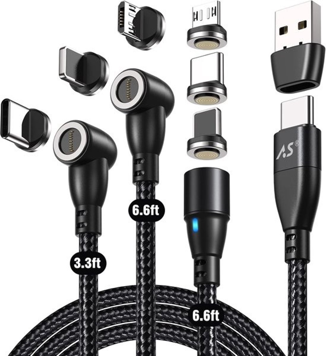 Set van 3 Magnetische USB C naar USB C Oplaadkabels 60W Snel Opladen met LED en 90 Graden Hoek