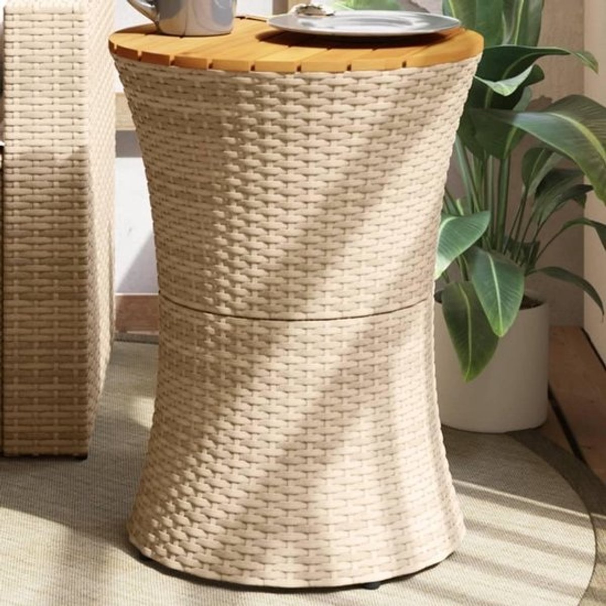 Drumvormige Bijzettafel Buiten - Polyrotan en Massief Hout Beige