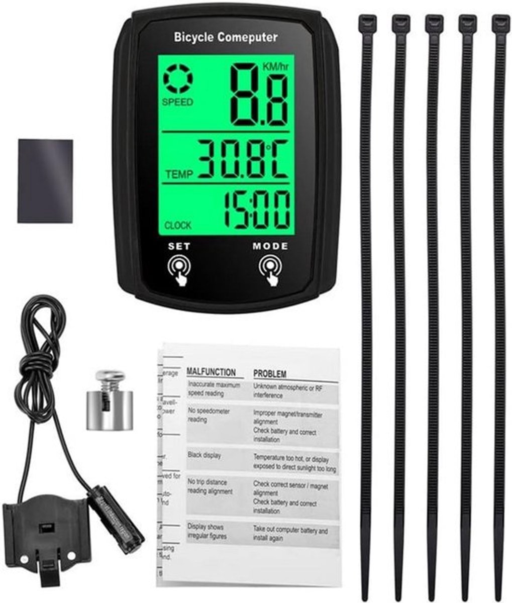 Fietscomputer met waterdichte bedrade snelheidsmeter en LCD-kilometerteller, zwart