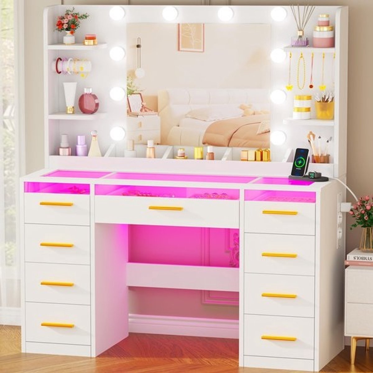 Dailygoods- Make-uptafel grote met spiegel - verstelbare ledverlichting - 9 RGB-laden - 4 planken - stopcontact - transparante glasplaat - Kaptafel