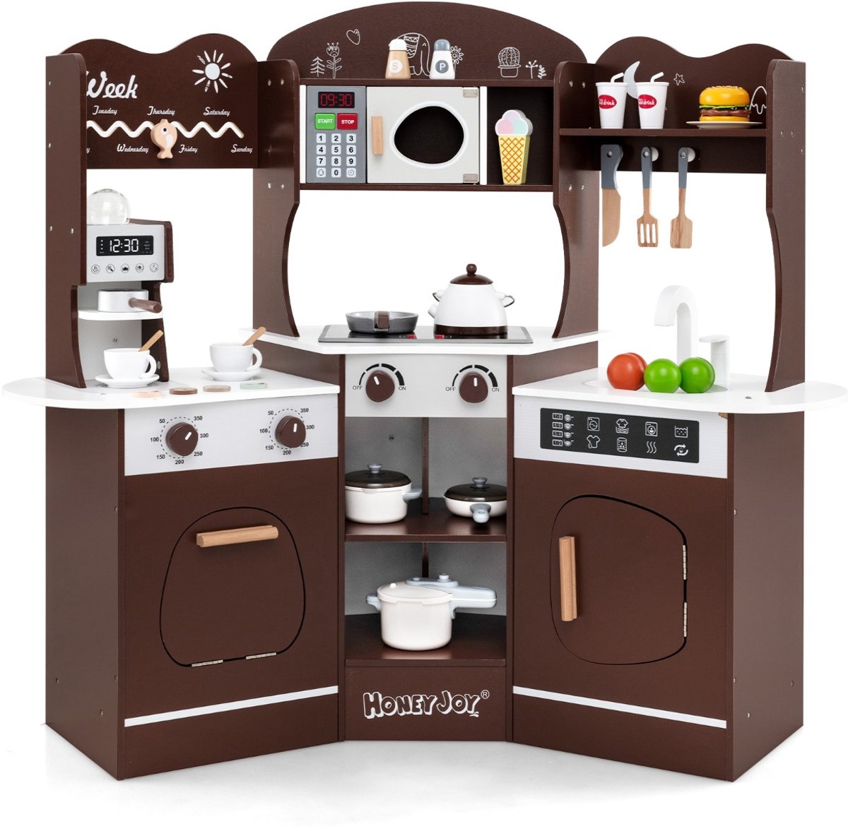 SureDeal® - Rollenspell - Houten Hoek Speelkeuken - Peuters Licht - Geluid Koffiezetapparaat Magnetron - 105x30x95 cm - Koffiebruin