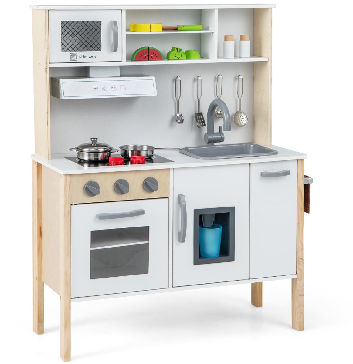 SureDeal® - Rollenspell - Houten Kinderkeuken Speelkeuken - Magnetron Afzuigkap Kookplaat - Accessoires - 72x30x90 cm - Wit