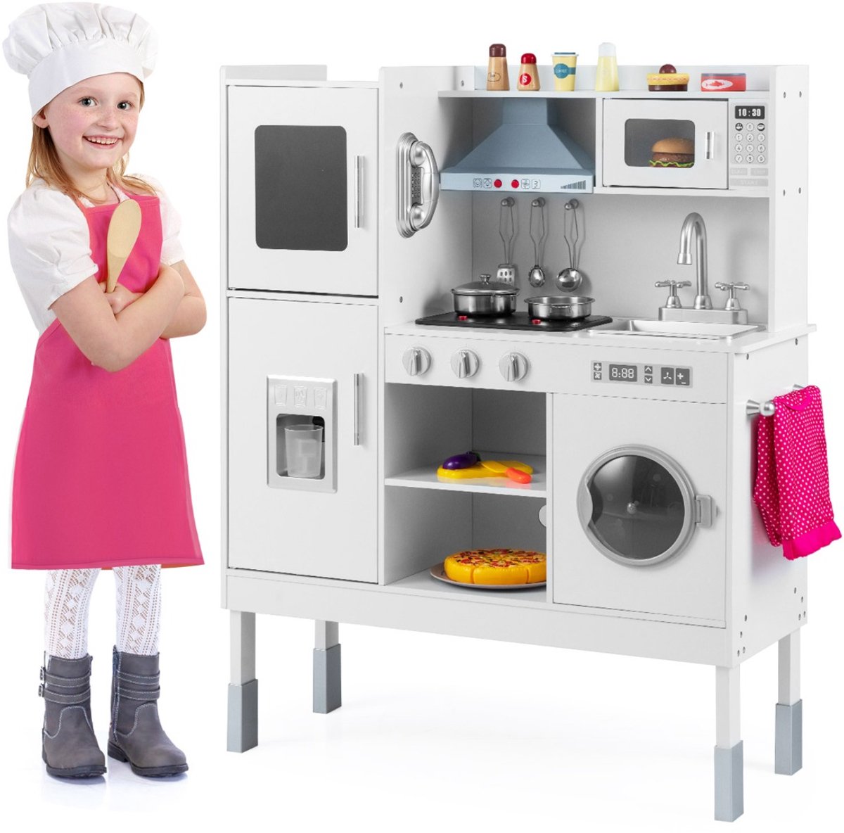 SureDeal® - Rollenspell - Kookset - Kinderen Keukenspeelgoed - Afzuigkap Ijsblokjesmachine - Telefoon Houten Keuken - 83x29x103 cm - Wit
