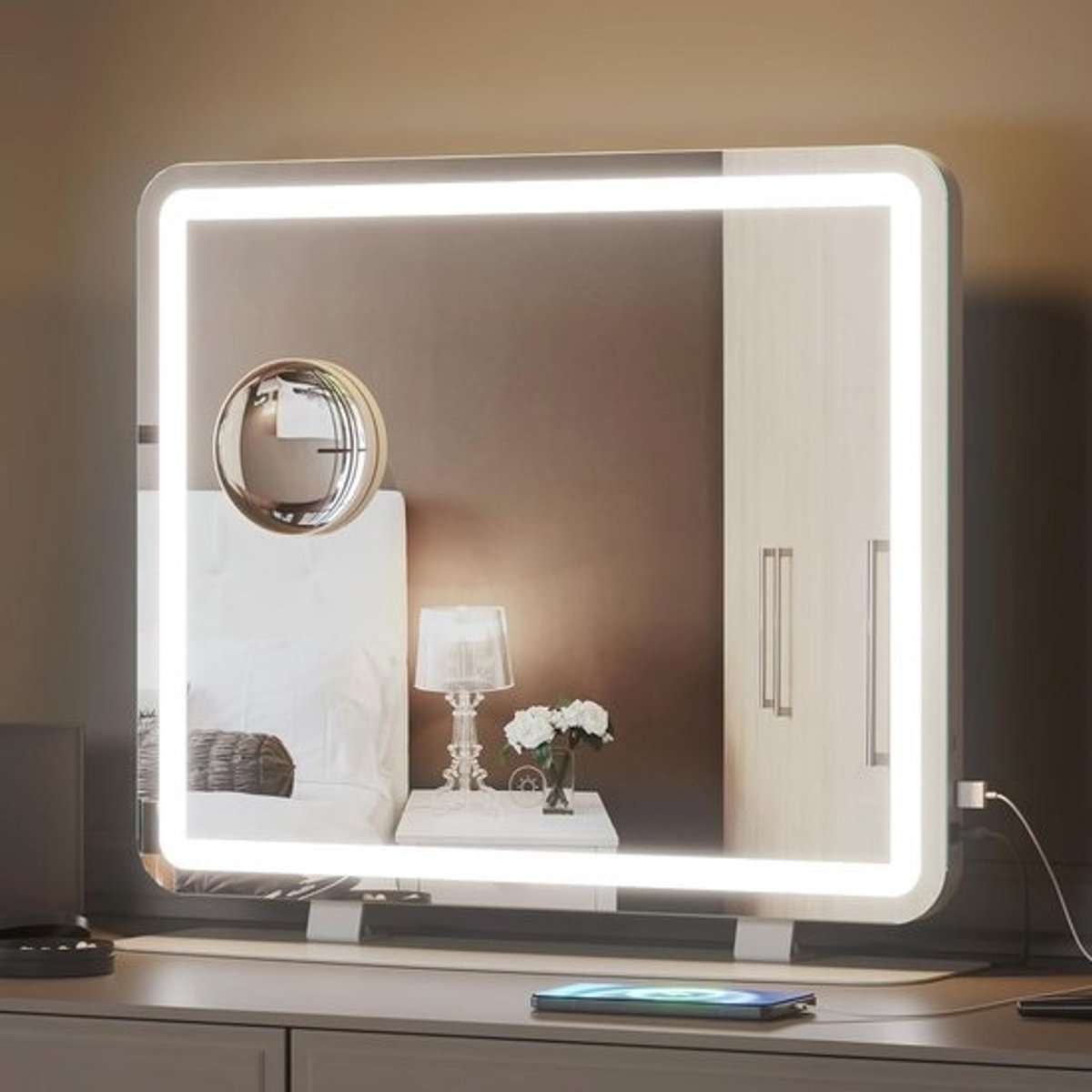 Hollywood make-upspiegel met verlichting - 60 x 50 cm - Grote make-upspiegel met 3 kleurverlichtingsmodi en USB-oplaadpoort
