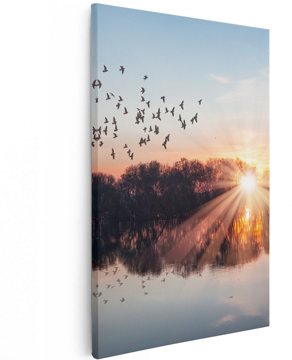Artaza Canvas Schilderij Groep Vogels Boven De Meer Met Zonsondergang - 120x180 cm - Groot - Wanddecoratie Woonkamer - Schilderijen - Muurdecoratie