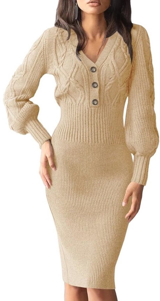 Dames Winter Lange Mouwen V-Hals Elegante Jurk met Knopen - Knielange Sexy Gebreide Midi Jurk voor Feestjes