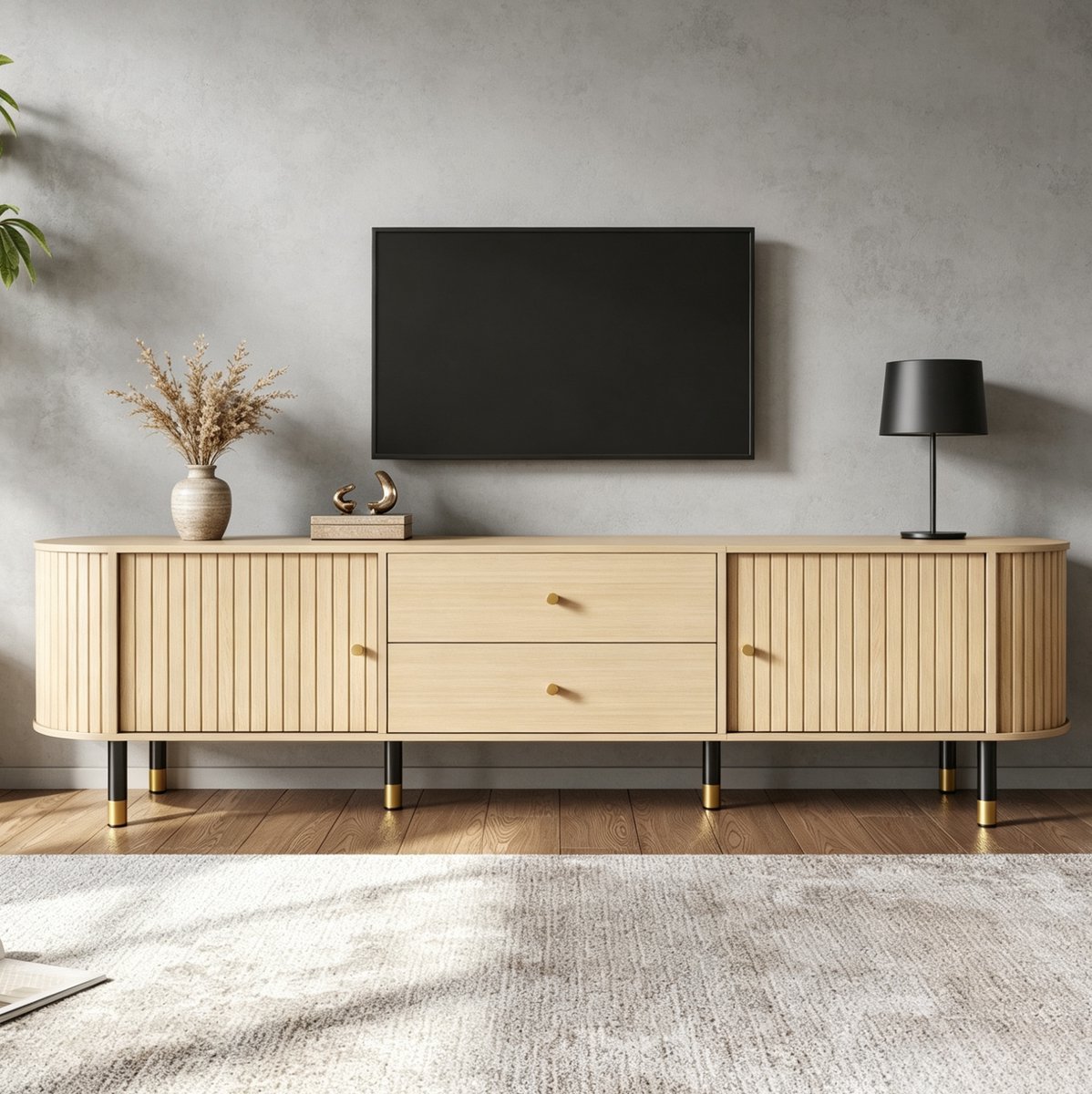 MODFU - TV Meubel - Lowboard - 2 Lades - Schuifdeuren - Natuurlijk Hout - 180 X 40 X 58 Cm