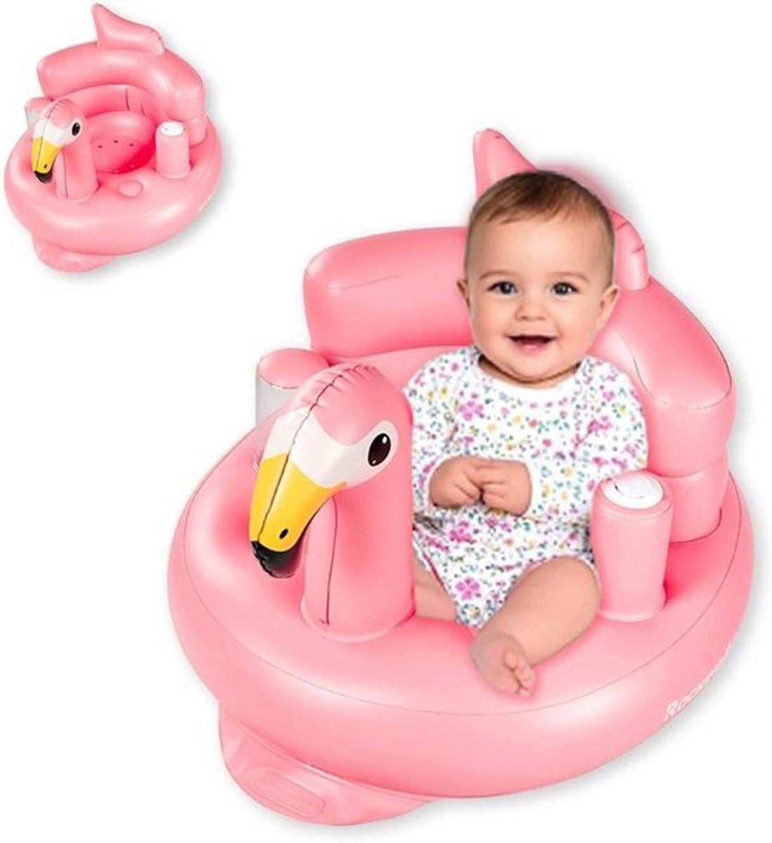 Opblaasbaar babyzitje - Babystoel draagbaar - Veilig zitten onderweg - Ingebouwde luchtpomp - 5-36 maanden - Flamingo